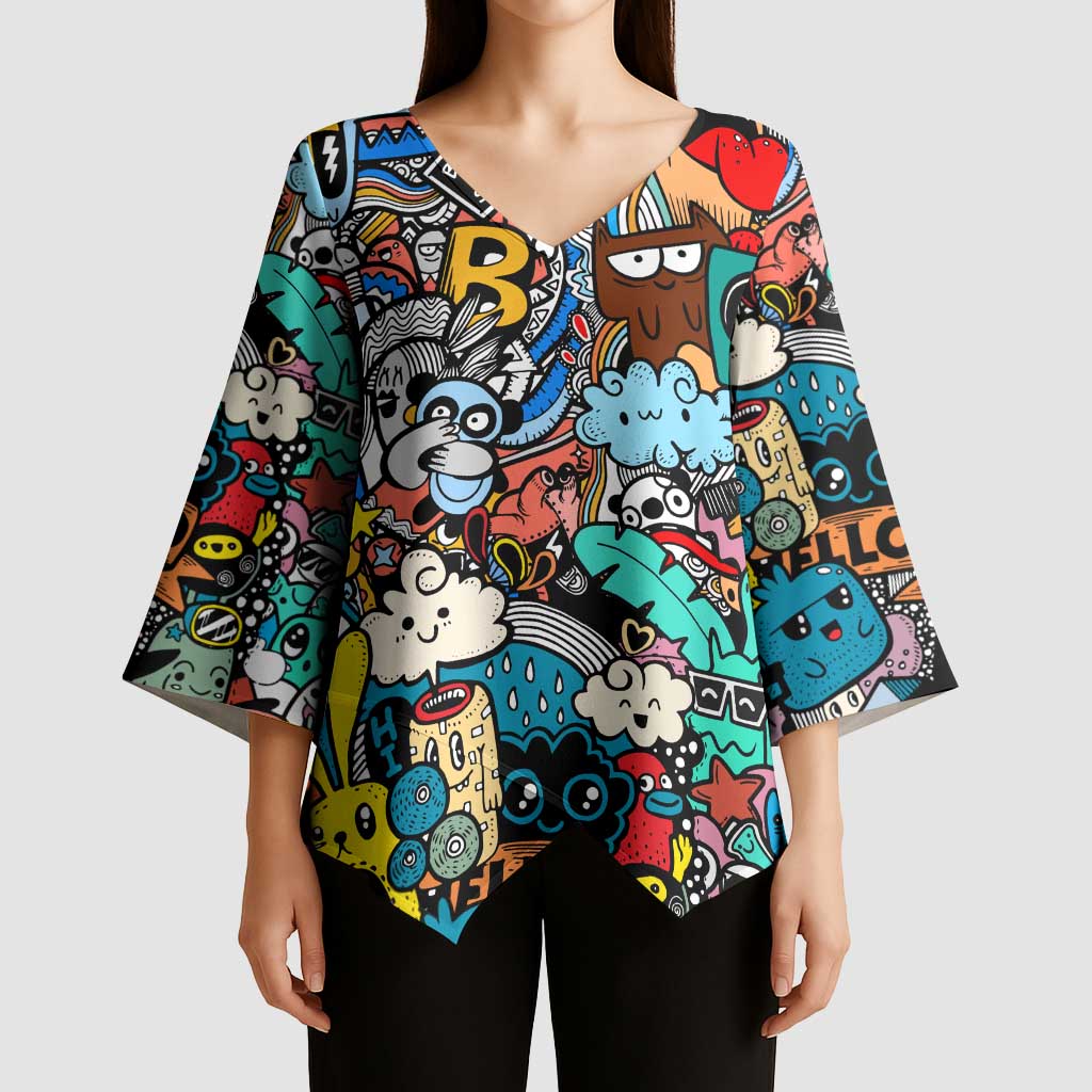 Happy Doodle Monsters Sticker Bomb Kimono Sleeve Blouse Funny Graffiti Style Cartoon