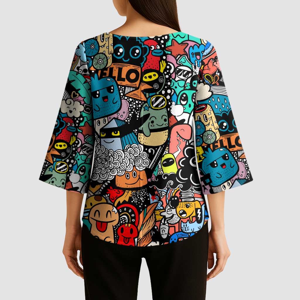 Happy Doodle Monsters Sticker Bomb Kimono Sleeve Blouse Funny Graffiti Style Cartoon
