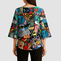 Happy Doodle Monsters Sticker Bomb Kimono Sleeve Blouse Funny Graffiti Style Cartoon