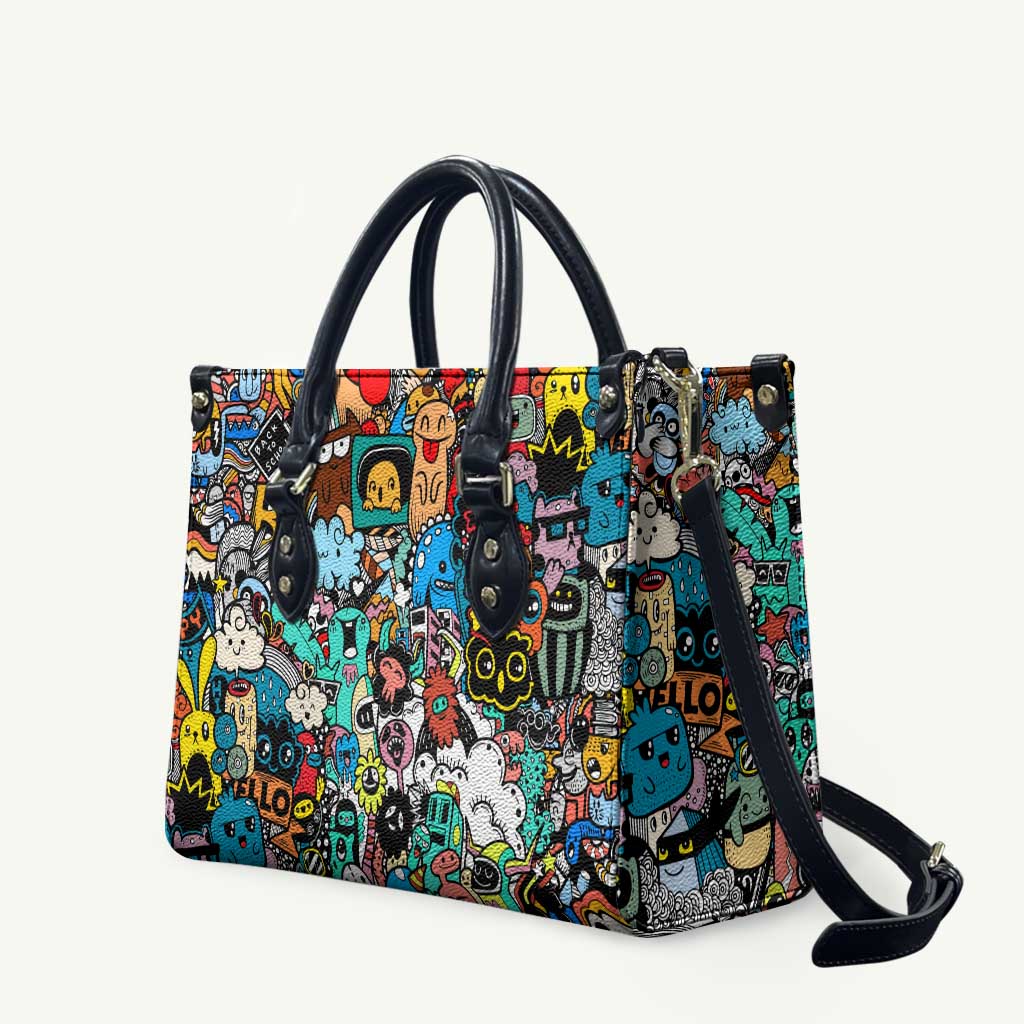 Happy Doodle Monsters Sticker Bomb Leather Bag Funny Graffiti Style Cartoon