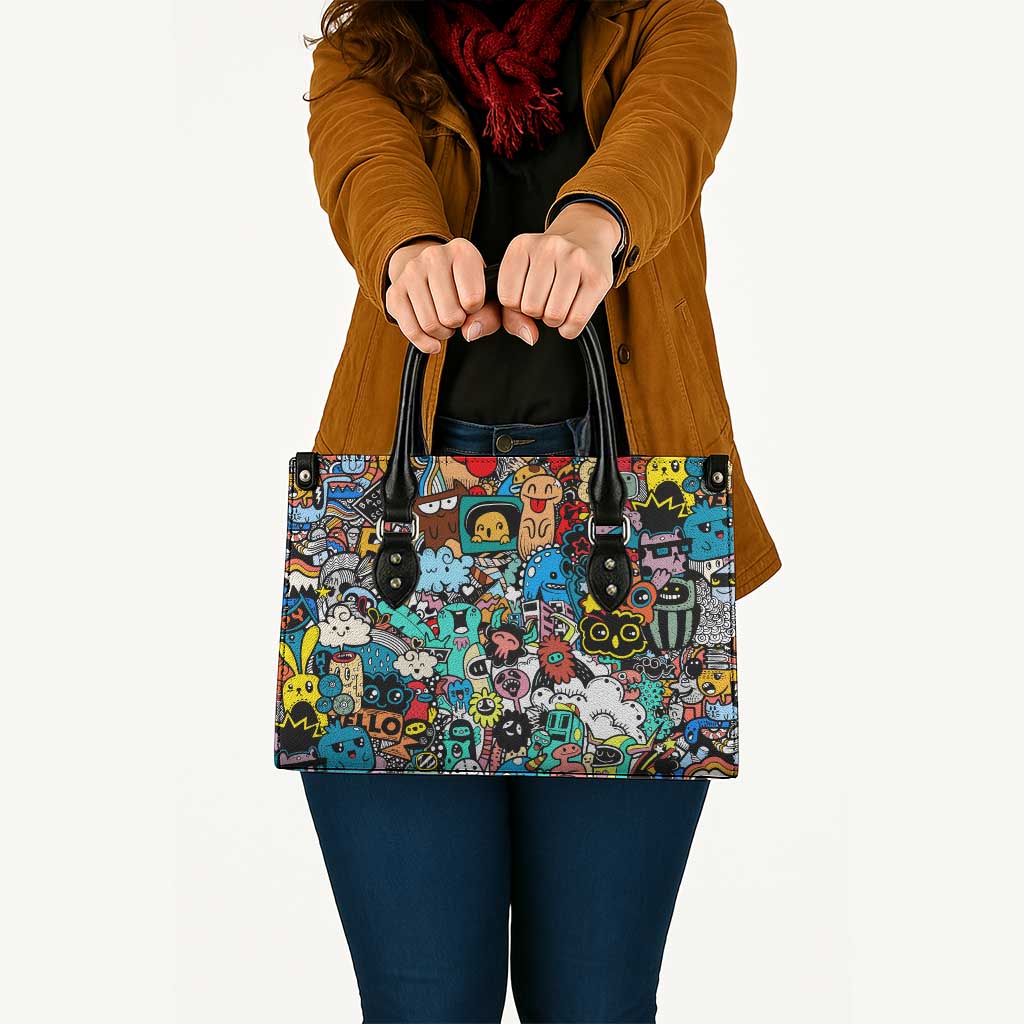 Happy Doodle Monsters Sticker Bomb Leather Bag Funny Graffiti Style Cartoon