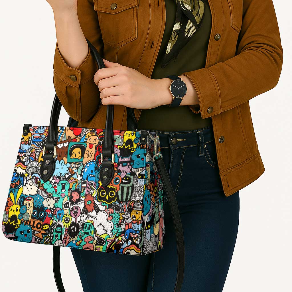 Happy Doodle Monsters Sticker Bomb Leather Bag Funny Graffiti Style Cartoon
