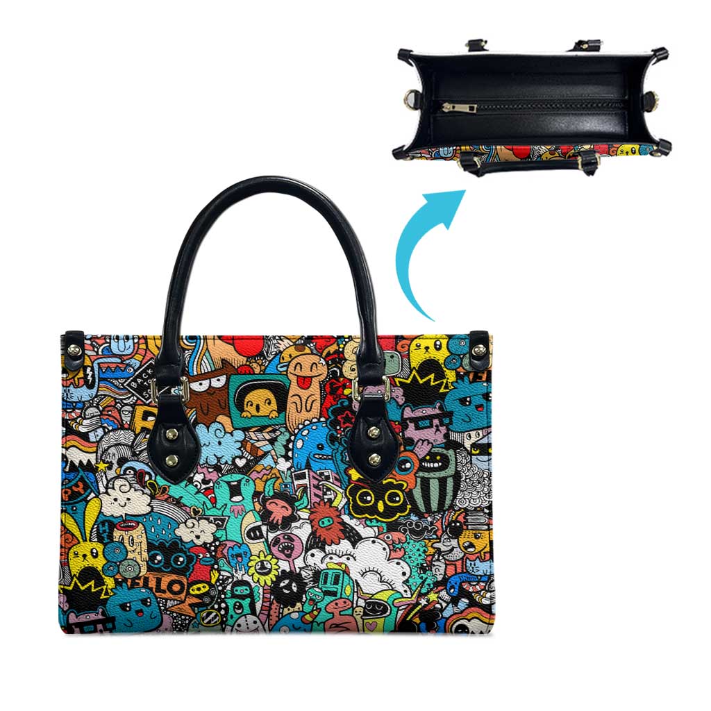 Happy Doodle Monsters Sticker Bomb Leather Bag Funny Graffiti Style Cartoon