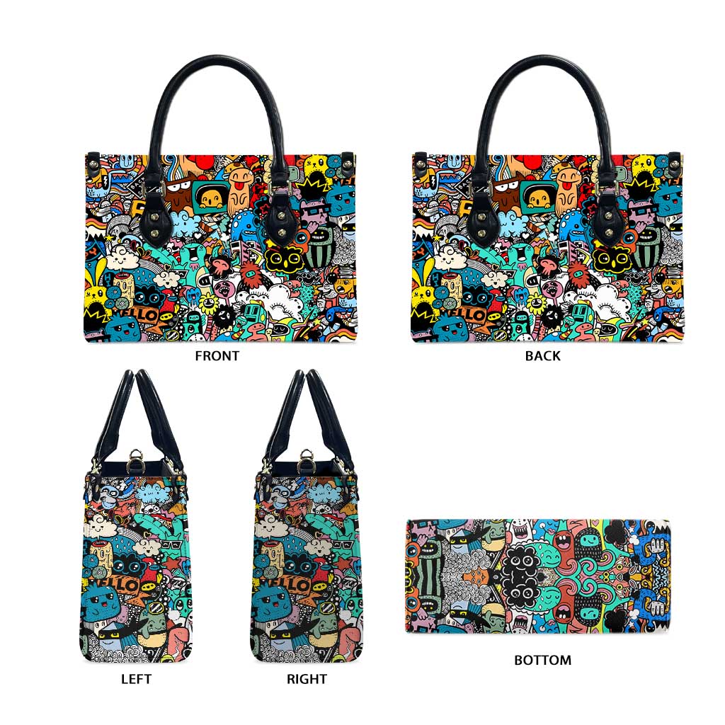 Happy Doodle Monsters Sticker Bomb Leather Bag Funny Graffiti Style Cartoon