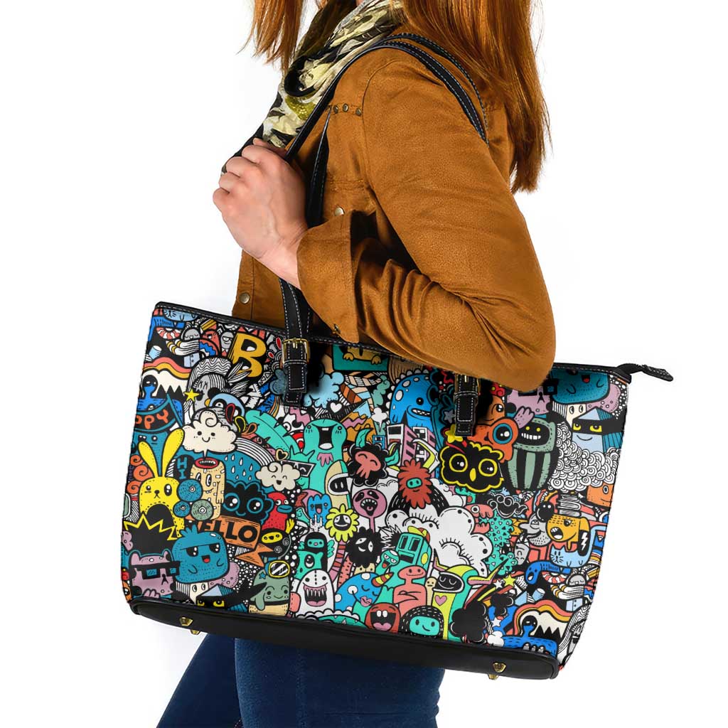 Happy Doodle Monsters Sticker Bomb Leather Tote Bag Funny Graffiti Style Cartoon
