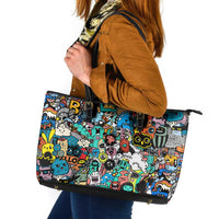 Happy Doodle Monsters Sticker Bomb Leather Tote Bag Funny Graffiti Style Cartoon