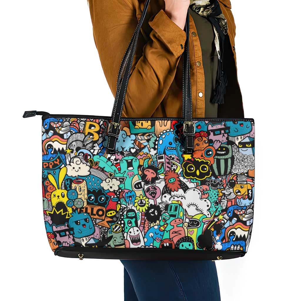 Happy Doodle Monsters Sticker Bomb Leather Tote Bag Funny Graffiti Style Cartoon