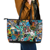 Happy Doodle Monsters Sticker Bomb Leather Tote Bag Funny Graffiti Style Cartoon