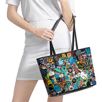 Happy Doodle Monsters Sticker Bomb Leather Tote Bag Funny Graffiti Style Cartoon