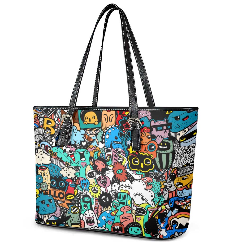 Happy Doodle Monsters Sticker Bomb Leather Tote Bag Funny Graffiti Style Cartoon