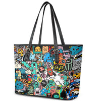 Happy Doodle Monsters Sticker Bomb Leather Tote Bag Funny Graffiti Style Cartoon