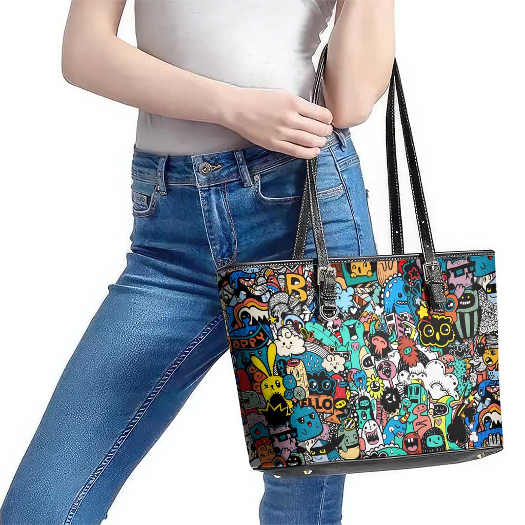 Happy Doodle Monsters Sticker Bomb Leather Tote Bag Funny Graffiti Style Cartoon