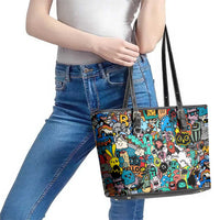 Happy Doodle Monsters Sticker Bomb Leather Tote Bag Funny Graffiti Style Cartoon