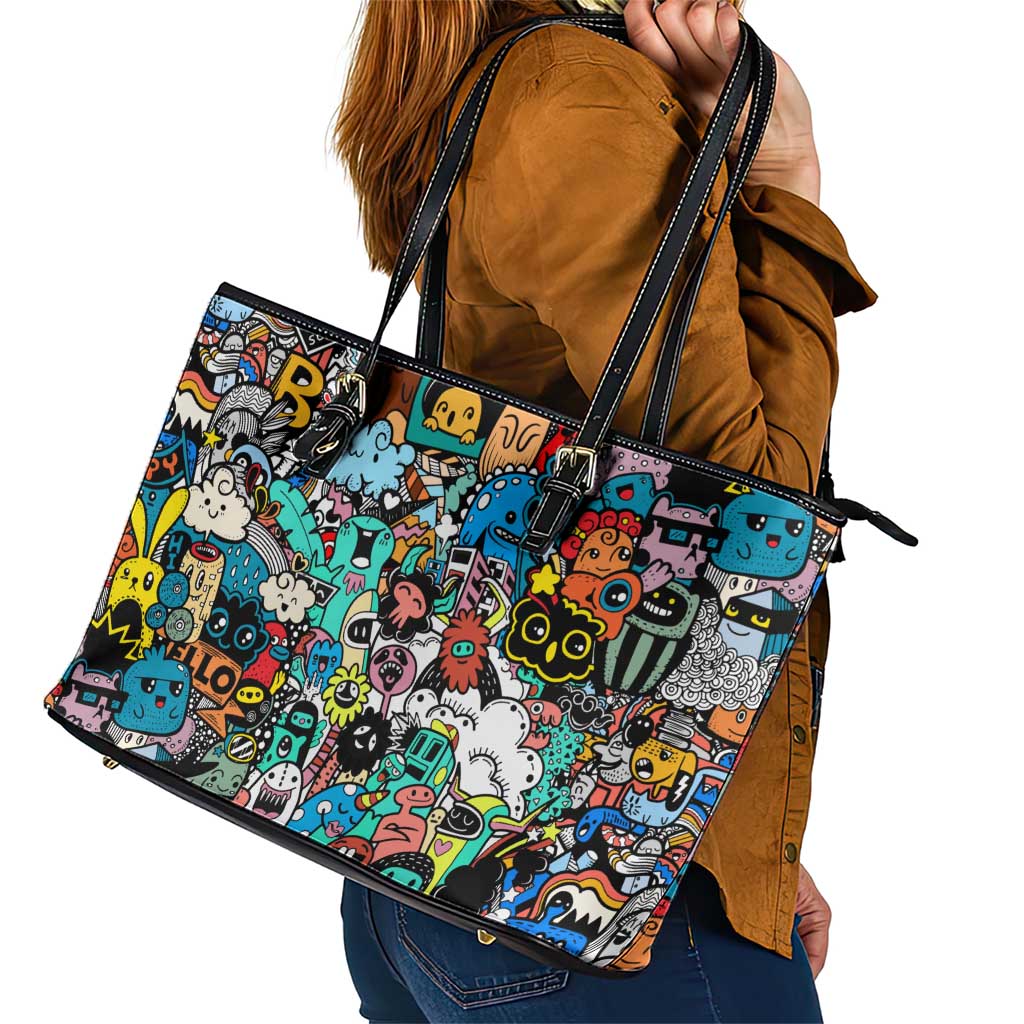 Happy Doodle Monsters Sticker Bomb Leather Tote Bag Funny Graffiti Style Cartoon