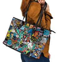 Happy Doodle Monsters Sticker Bomb Leather Tote Bag Funny Graffiti Style Cartoon