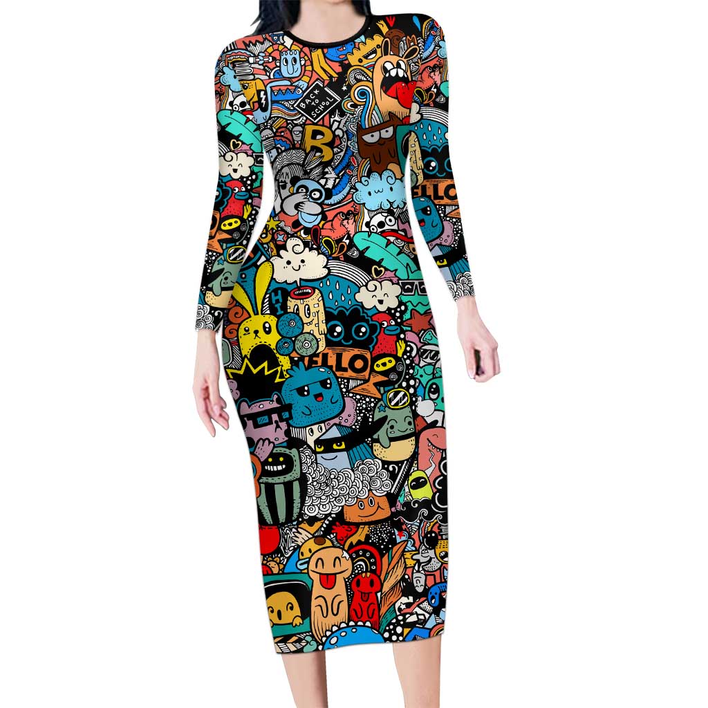 Happy Doodle Monsters Sticker Bomb Long Sleeve Bodycon Dress Funny Graffiti Style Cartoon