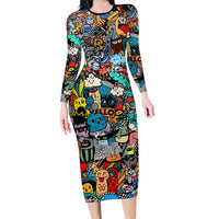 Happy Doodle Monsters Sticker Bomb Long Sleeve Bodycon Dress Funny Graffiti Style Cartoon