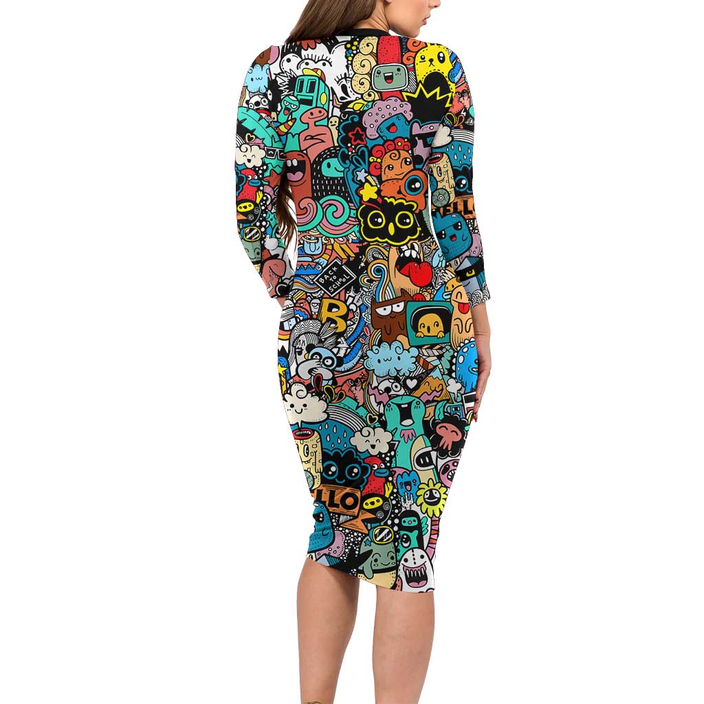 Happy Doodle Monsters Sticker Bomb Long Sleeve Bodycon Dress Funny Graffiti Style Cartoon