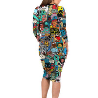 Happy Doodle Monsters Sticker Bomb Long Sleeve Bodycon Dress Funny Graffiti Style Cartoon