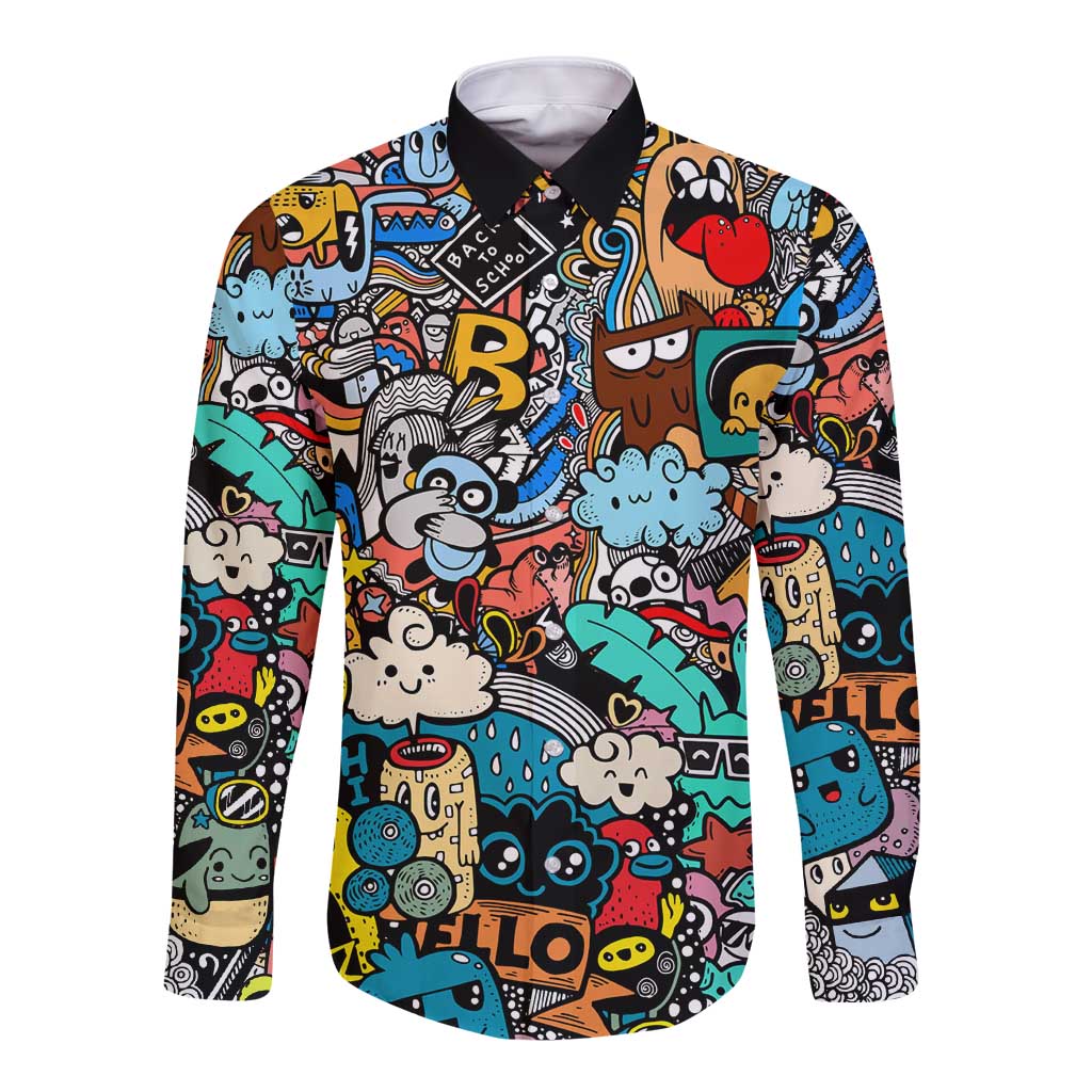 Happy Doodle Monsters Sticker Bomb Long Sleeve Button Shirt Funny Graffiti Style Cartoon