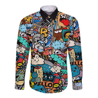 Happy Doodle Monsters Sticker Bomb Long Sleeve Button Shirt Funny Graffiti Style Cartoon
