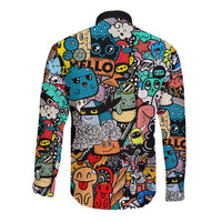 Happy Doodle Monsters Sticker Bomb Long Sleeve Button Shirt Funny Graffiti Style Cartoon
