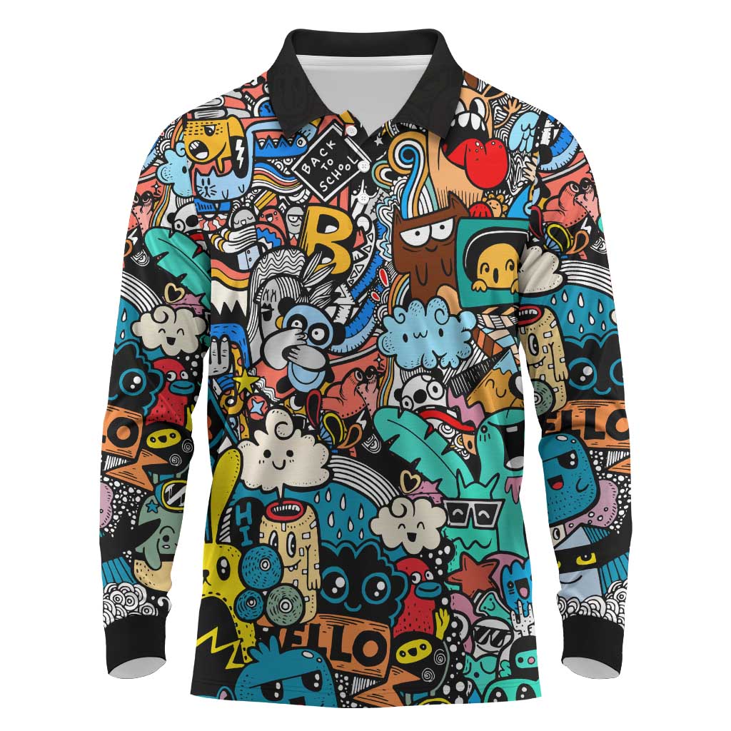 Happy Doodle Monsters Sticker Bomb Long Sleeve Polo Shirt Funny Graffiti Style Cartoon