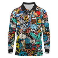 Happy Doodle Monsters Sticker Bomb Long Sleeve Polo Shirt Funny Graffiti Style Cartoon