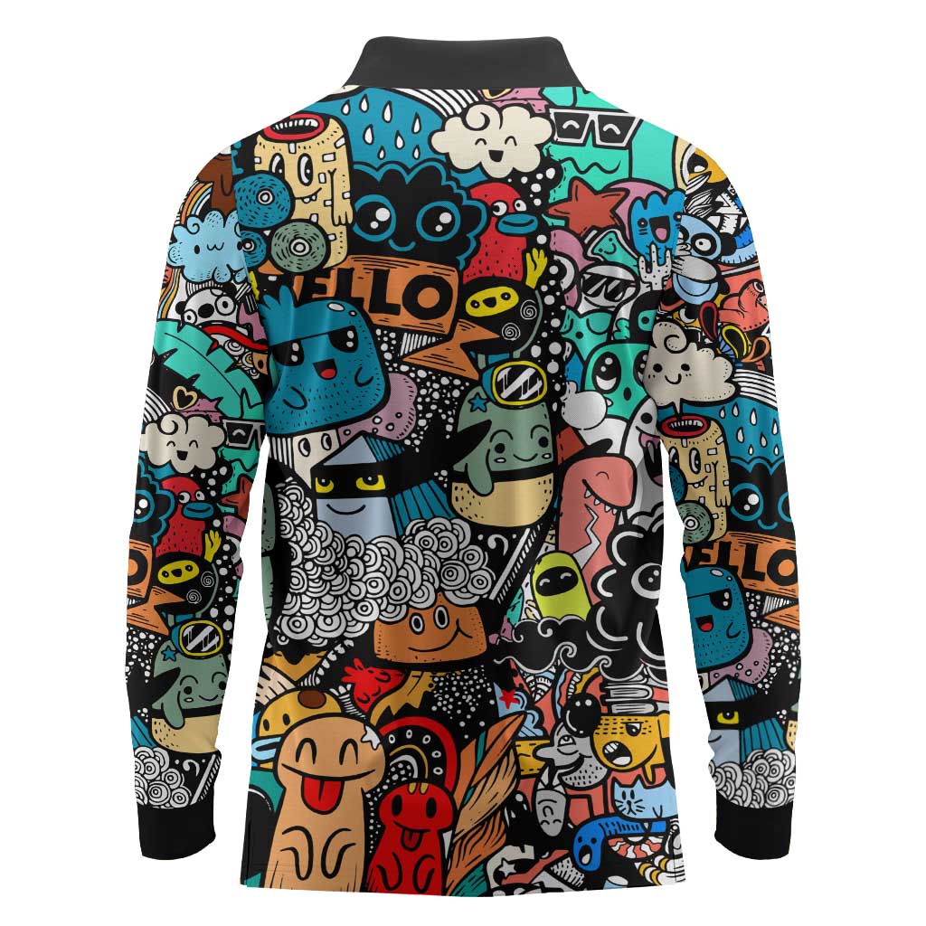 Happy Doodle Monsters Sticker Bomb Long Sleeve Polo Shirt Funny Graffiti Style Cartoon