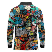 Happy Doodle Monsters Sticker Bomb Long Sleeve Polo Shirt Funny Graffiti Style Cartoon