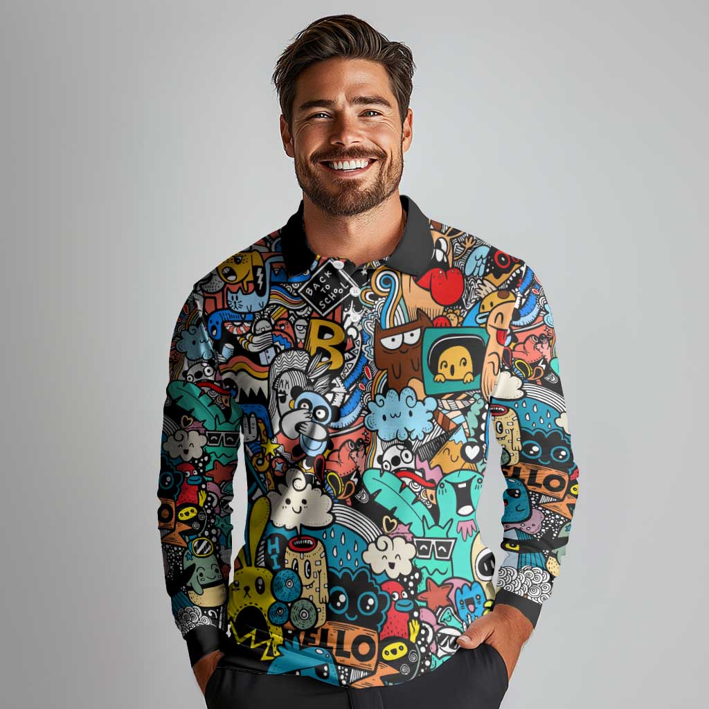 Happy Doodle Monsters Sticker Bomb Long Sleeve Polo Shirt Funny Graffiti Style Cartoon