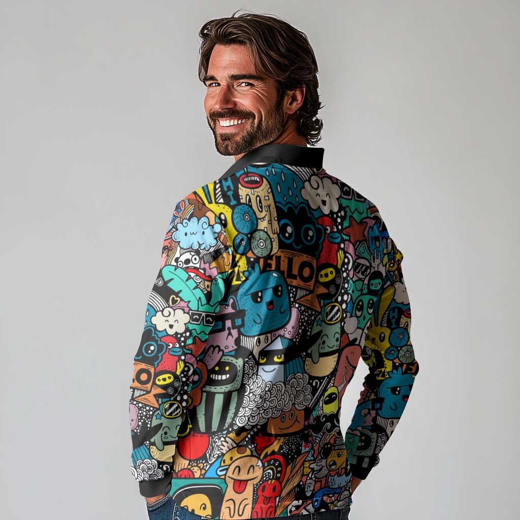 Happy Doodle Monsters Sticker Bomb Long Sleeve Polo Shirt Funny Graffiti Style Cartoon