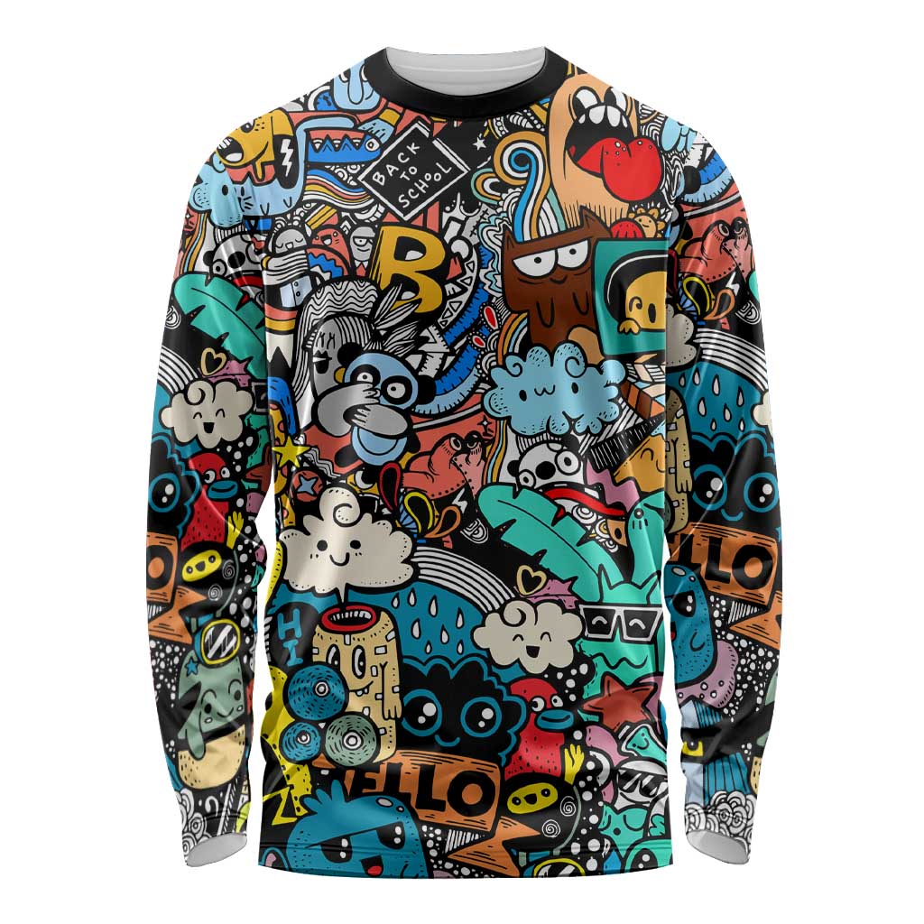 Happy Doodle Monsters Sticker Bomb Long Sleeve Shirt Funny Graffiti Style Cartoon