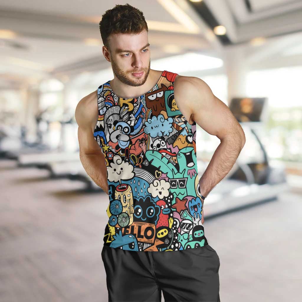 Happy Doodle Monsters Sticker Bomb Men Tank Top Funny Graffiti Style Cartoon
