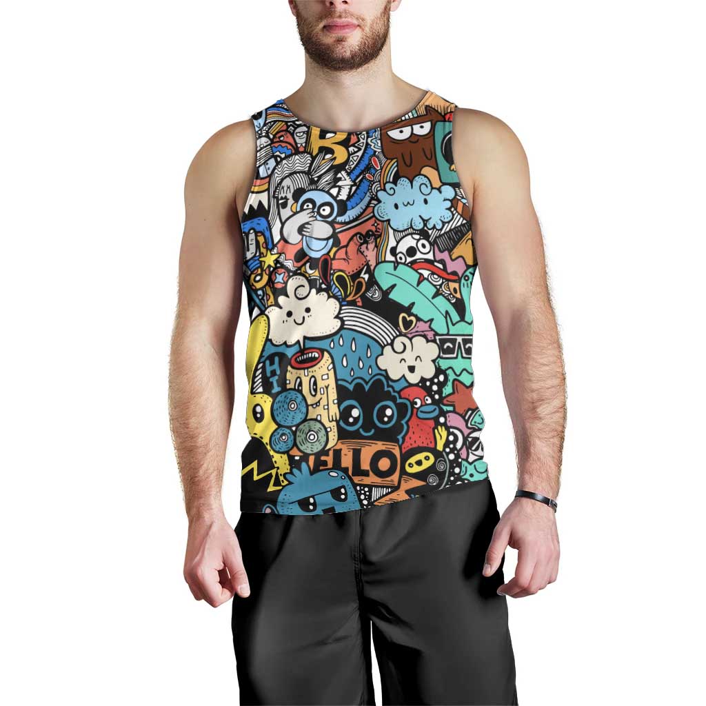Happy Doodle Monsters Sticker Bomb Men Tank Top Funny Graffiti Style Cartoon