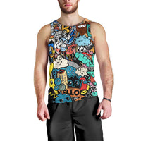 Happy Doodle Monsters Sticker Bomb Men Tank Top Funny Graffiti Style Cartoon