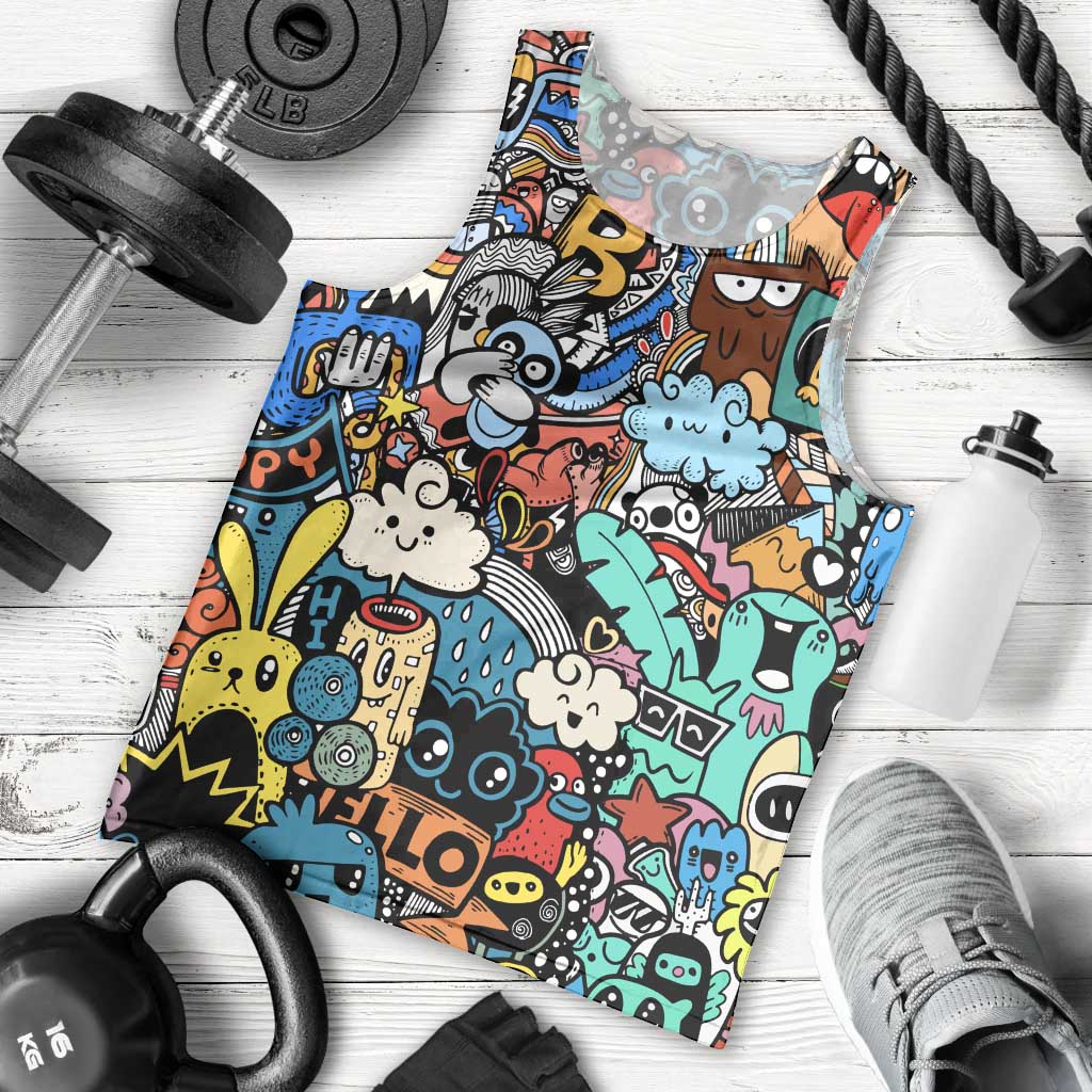 Happy Doodle Monsters Sticker Bomb Men Tank Top Funny Graffiti Style Cartoon