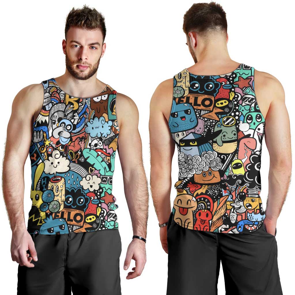 Happy Doodle Monsters Sticker Bomb Men Tank Top Funny Graffiti Style Cartoon