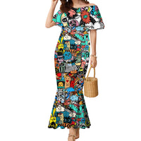 Happy Doodle Monsters Sticker Bomb Mermaid Dress Funny Graffiti Style Cartoon