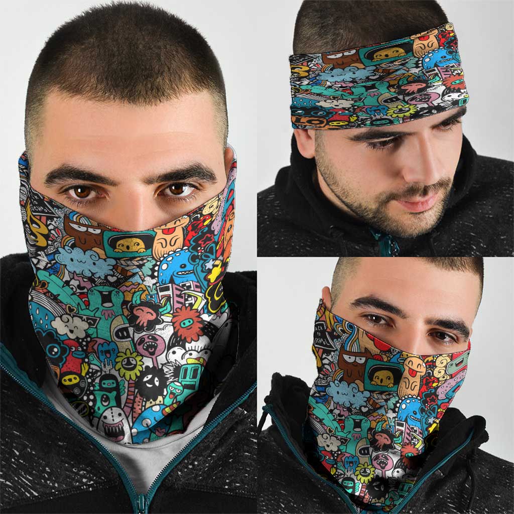 Happy Doodle Monsters Sticker Bomb Neck Gaiter Funny Graffiti Style Cartoon