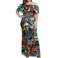 Happy Doodle Monsters Sticker Bomb Off Shoulder Maxi Dress Funny Graffiti Style Cartoon