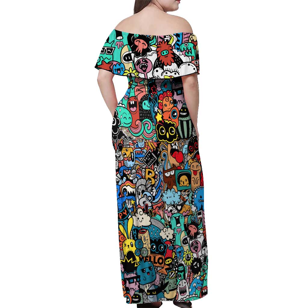 Happy Doodle Monsters Sticker Bomb Off Shoulder Maxi Dress Funny Graffiti Style Cartoon