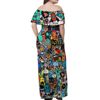 Happy Doodle Monsters Sticker Bomb Off Shoulder Maxi Dress Funny Graffiti Style Cartoon