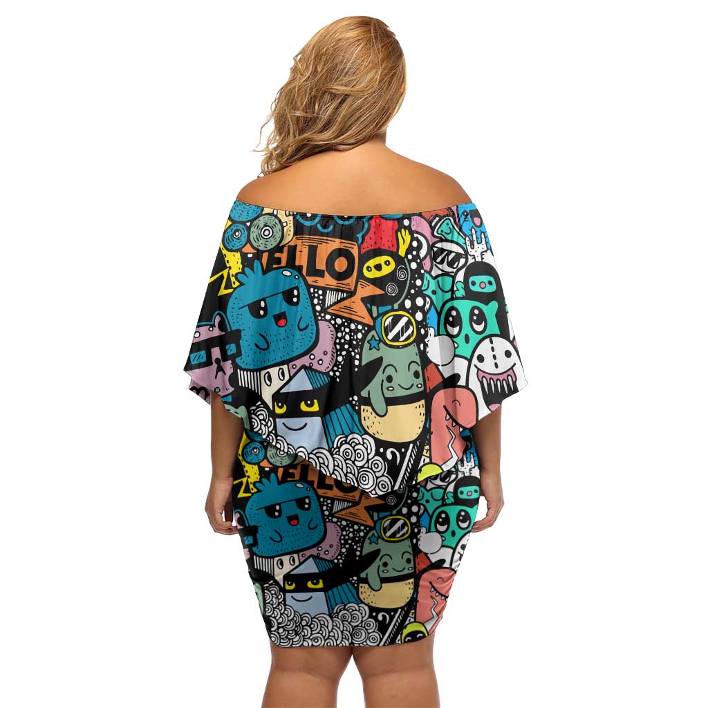 Happy Doodle Monsters Sticker Bomb Off Shoulder Short Dress Funny Graffiti Style Cartoon