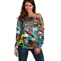 Happy Doodle Monsters Sticker Bomb Off Shoulder Sweater Funny Graffiti Style Cartoon