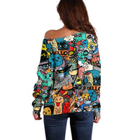 Happy Doodle Monsters Sticker Bomb Off Shoulder Sweater Funny Graffiti Style Cartoon