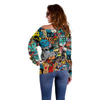 Happy Doodle Monsters Sticker Bomb Off Shoulder Sweater Funny Graffiti Style Cartoon
