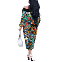 Happy Doodle Monsters Sticker Bomb Off The Shoulder Long Sleeve Dress Funny Graffiti Style Cartoon