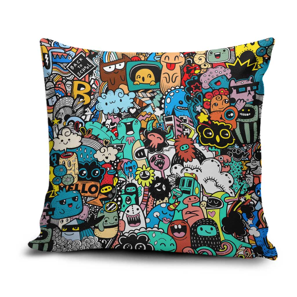 Happy Doodle Monsters Sticker Bomb Pillow Cover Funny Graffiti Style Cartoon