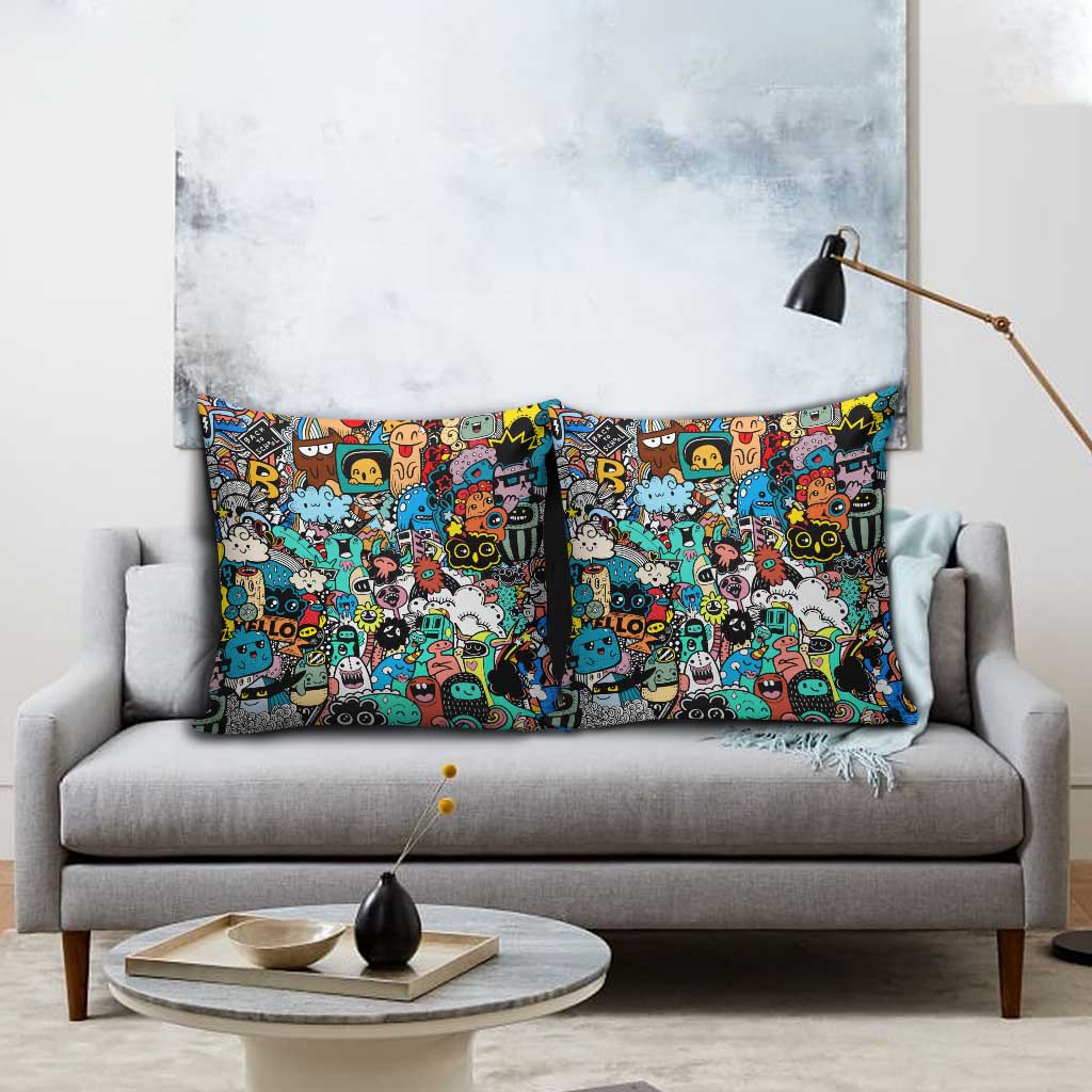 Happy Doodle Monsters Sticker Bomb Pillow Cover Funny Graffiti Style Cartoon